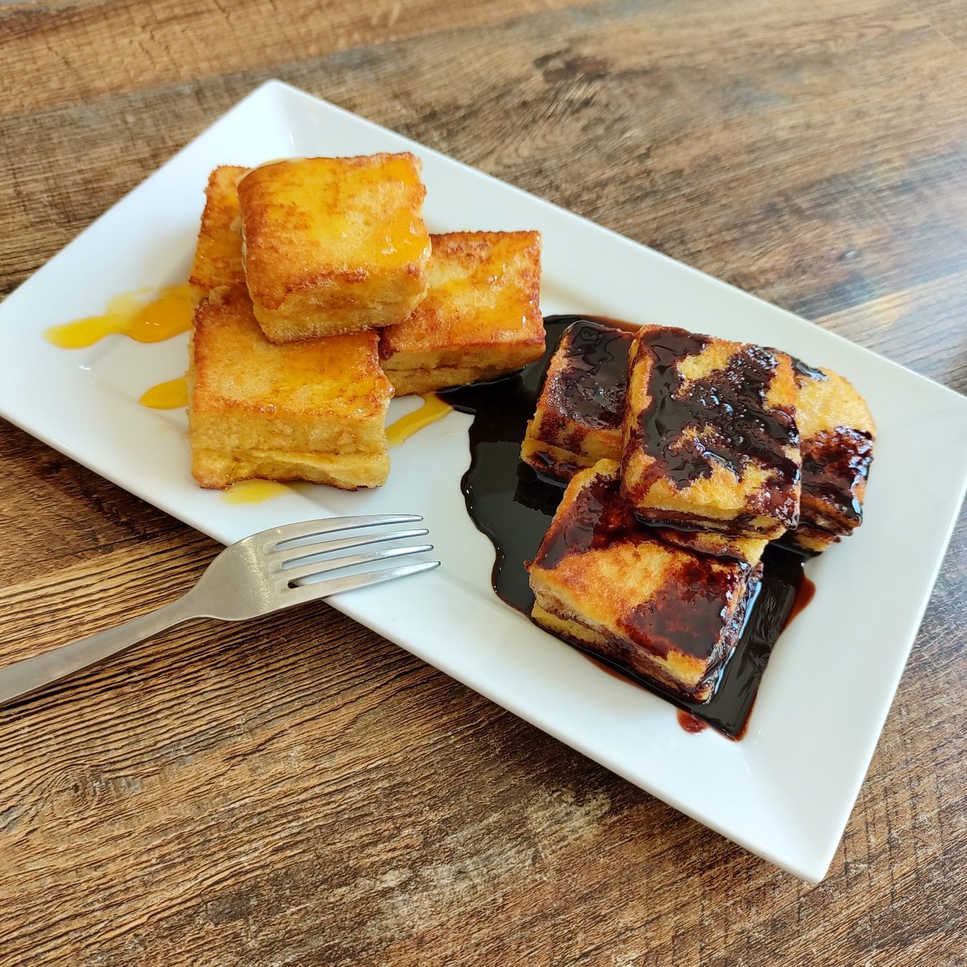Crispy tofu with a dark glaze